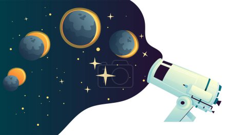 Téléchargez les illustrations : Fond d'éclipse solaire, cycle d'éclipse solaire à travers un télescope astronomique - en licence libre de droit
