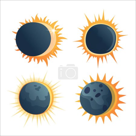 Conjunto de composiciones de eclipse solar. Lindas ilustraciones en estilo plano para niños. Adecuado para astronomía, decoración y pegatinas.
