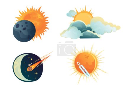 Conjunto de cambios en el cielo eclipse solar, calentamiento global, asteroide. Lindas ilustraciones en estilo plano para niños. Adecuado para astronomía, decoración y pegatinas.
