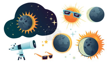 Conjunto de eclipse espacial y solar. Linda ilustración en estilo plano para niños. Adecuado para astronomía, decoración y pegatinas.