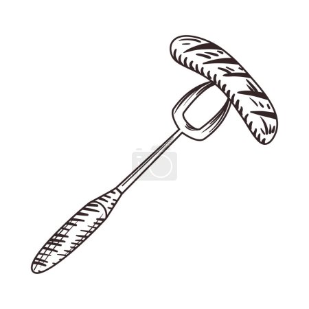 Ilustración de Tenedor de parrilla plana con una salchicha sobre blanco - Imagen libre de derechos