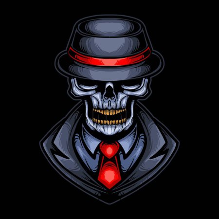 Téléchargez les photos : Crâne mafia gangster tête vecteur illustration design avec chapeau, manteau et cravate - en image libre de droit
