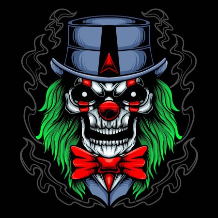 Téléchargez les photos : Effrayant crâne clown tête vecteur illustration design avec chapeau et noeud papillon, cheveux verts - en image libre de droit