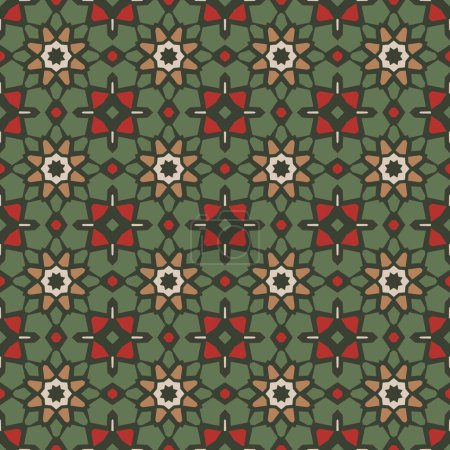 Photo for Seamless geometric pattern in red, green and beige. Christmas digital paper in repeat. Wrapping paper pattern for Christmas holiday giftware. Kaleidoscopic abstract pattern surface. - Royalty Free Image