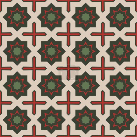 Photo for Seamless geometric pattern in red, green and beige. Christmas digital paper in repeat. Wrapping paper pattern for Christmas holiday giftware. Kaleidoscopic abstract pattern surface. - Royalty Free Image