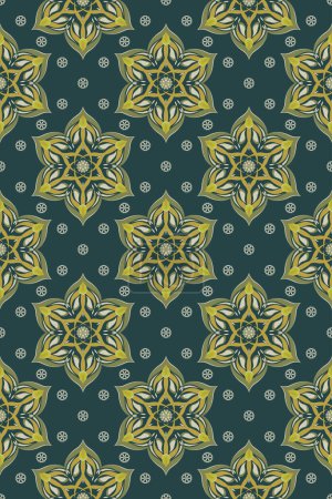 Téléchargez les illustrations : Indian style seamless vector pattern with flower star in green and gold tones. - en licence libre de droit
