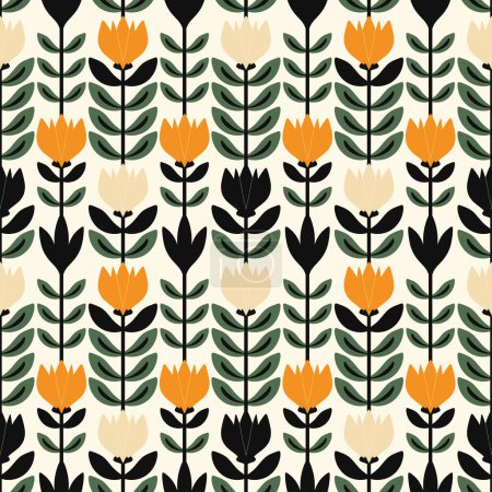 Illustration for Seamless vector pattern with tulips in Scandinavian style and vintage color palette. - Royalty Free Image
