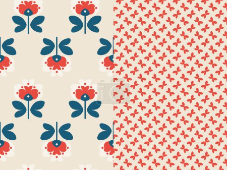 Téléchargez les illustrations : Cute Nordic floral seamless vector pattern duo, with stylized poppies and minimalist butterflies. - en licence libre de droit