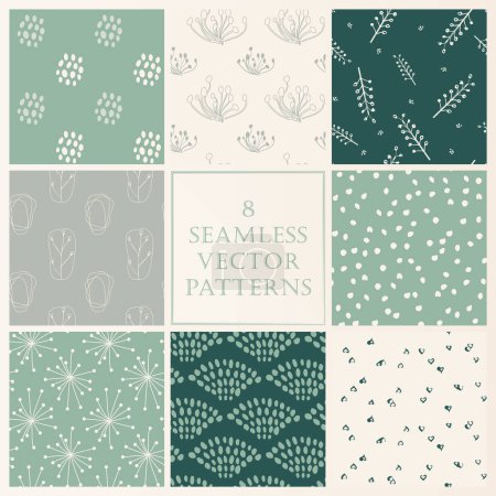 Ilustración de Set of seamless vector patterns with botanical hand-drawn theme and soft mint and creme palette. - Imagen libre de derechos