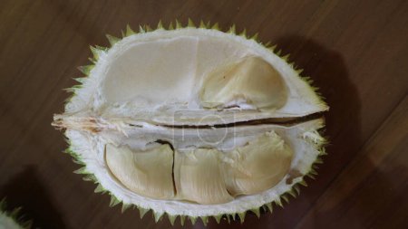 Durian ouvert fruit.Ripe Durian est connu comme le roi des fruits. Il sent mauvais et la coquille est couverte de clous.