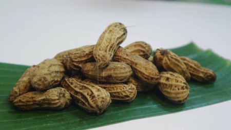 Foto de Kacang rebus, merienda tradicional indonesia, maní al vapor de primer plano servido en hoja de plátano. comúnmente se vende por calle, aislado blanco - Imagen libre de derechos