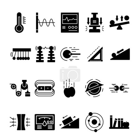 Illustration for Set Of Physics Icon With Glyph Style. Contains such Icons as Collision, Gravity, Hydraulic, Orbit, Etc. - Royalty Free Image