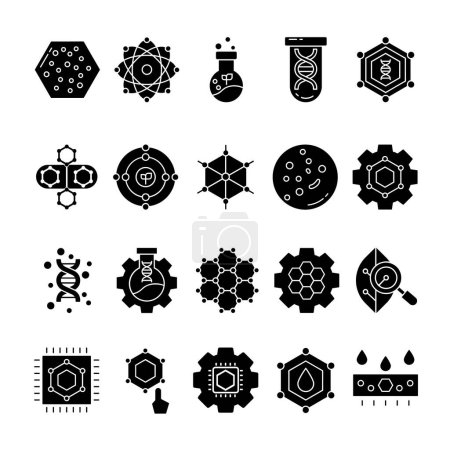 Illustration for Set Of Nanotechnology Icon With Glyph Style. Contains such Icons as Nanosensor, Nanofiltration, Green Technology, Etc. - Royalty Free Image