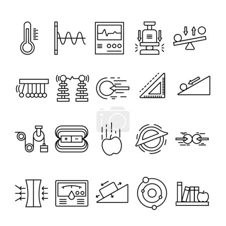 Illustration for Set Of Physics Icon With Outline Style. Contains such Icons as Collision, Gravity, Hydraulic, Orbit, Etc. - Royalty Free Image