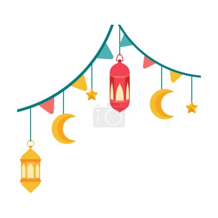 Téléchargez les illustrations : Illustration de lanterne islamique. Symboles du Ramadan Moubarak, Lanternes suspendues or, lampes arabes, lanternes lune, élément lanterne, étoile, art, vecteur et illustration - en licence libre de droit