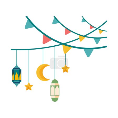 Téléchargez les illustrations : Illustration de lanterne islamique. Symboles du Ramadan Moubarak, Lanternes suspendues or, lampes arabes, lanternes lune, élément lanterne, étoile, art, vecteur et illustration - en licence libre de droit