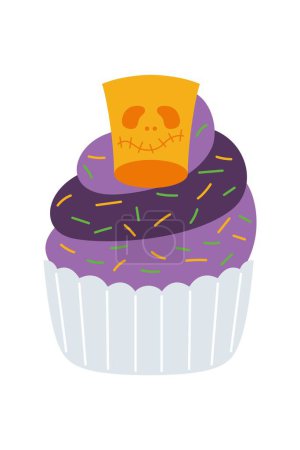 Téléchargez les illustrations : Halloween Cupcakes Illustration. Muffins décorés effrayants, petits gâteaux à thème pour le 31 Octobre et effrayant dessert nourriture dessin animé vecteur illustration set de gâteau Halloween muffin effrayant - en licence libre de droit