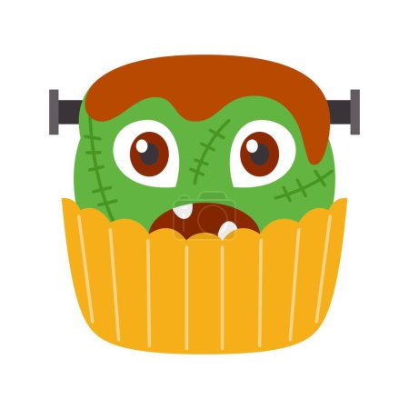 Téléchargez les illustrations : Halloween Cupcakes Illustration. Muffins décorés effrayants, petits gâteaux à thème pour le 31 Octobre et effrayant dessert nourriture dessin animé vecteur illustration set de gâteau Halloween muffin effrayant - en licence libre de droit