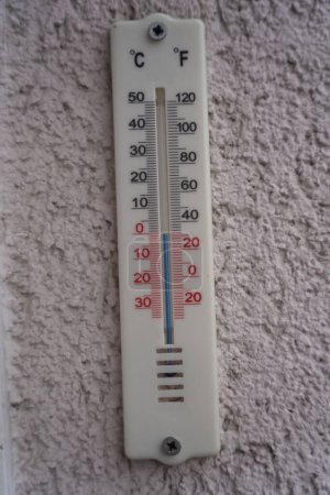 Photo for Analog alcohol outside thermometer showing 0 degrees Celsius or 32 Fahrenheit - Royalty Free Image