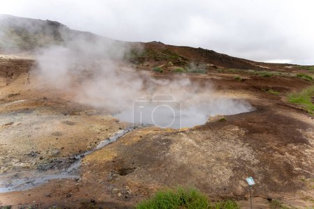 Téléchargez les photos : Sources de soufre chaudes fumantes de la région géothermique de Seltun, Krysuvik, péninsule de Reykjanes en Islande - en image libre de droit