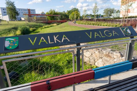Valga, Estonia - 07.24.2023: Valka and Valga sign between Latvian and Estonian border