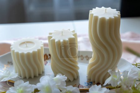 Spiral swirl pattern white soy wax candles
