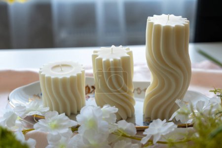 Spiral swirl pattern white soy wax candles