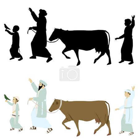 Juden pilgern nach Jerusalem zum Tempel. mit einer Kuh und einem Huhn als Opfergabe. Die Figuren sind in das für die Israeliten typische historische Kostüm gekleidet.