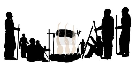 Black silhouettes of men and boys stand around the fire. The historical figures are dressed in robes and have sticks in their hands. A circle of stones and a facility for roasting lamb. Vector 