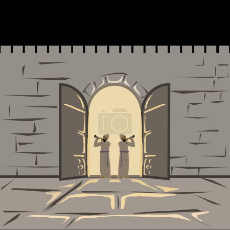 Illustration for Two priests blow silver trumpets at an open gate of the famous Holy Jewish Temple in the old city of Jerusalem.Black sky, strong light coming from inside. Artistic historical flat vector drawing. - Royalty Free Image