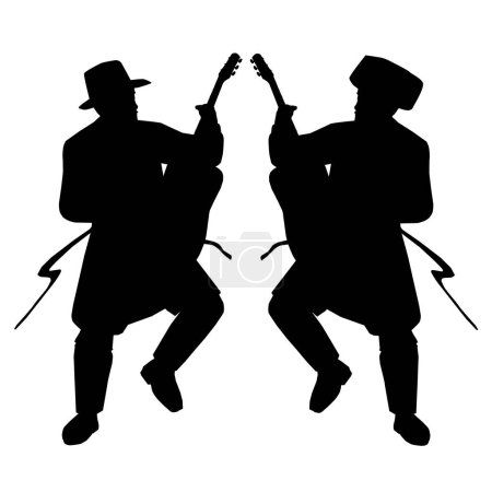 Illustration for 2 Jewish followers dancing and playing the guitar. Flat vector silhouettes. Black on a white background. The figures are dressed in long coats and sashes fluttering to the sides as they move. - Royalty Free Image