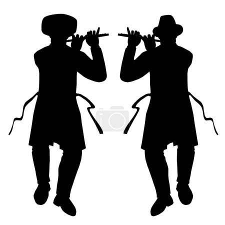 Illustration for Black vector silhouette of a Jewish klezmer Transverse flute player.A Jewish Hasidic and rabbi dances in the joy of Beit Hashuava in Miron at Rabbi Shimon's grave. - Royalty Free Image