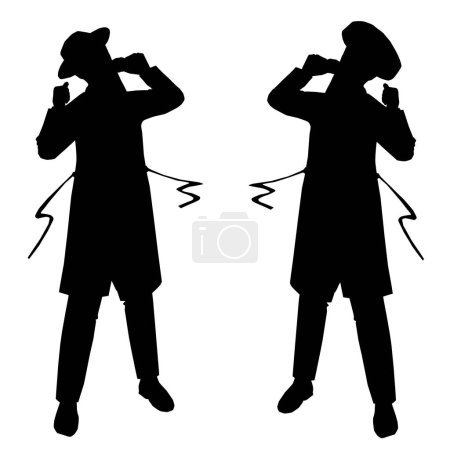Illustration for An observant Hasidic Jewish singer, ultra-Orthodox, black silhouette, vector, dancing and singing. Isolated on white background.A hat, a long black suit and a sash. - Royalty Free Image