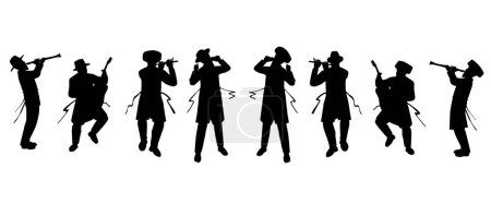 Illustration for Background for designing an ad about a klezmer show, a Jewish orchestra of traditional musicians in Orthodox clothing. Clarinet, flute, guitar and singer. Colorful attractive vector. - Royalty Free Image