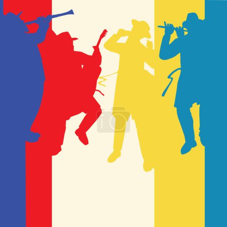 Background for designing an ad about a klezmer show, a Jewish orchestra of traditional musicians in Orthodox clothing. Clarinet, flute, guitar and singer. Colorful attractive vector. 