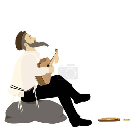 Illustration for An observant Jewish guitar player sits on a rock and sings with his face up. In front of him is a round tin box with charity money inside. Isolated colorful vector. wearing a tassel He has a casket. - Royalty Free Image