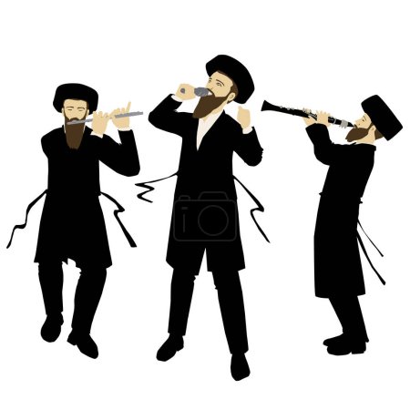Illustration for A painting of a singer and flute and clarinet players Hasidic Jewish Orthodox observant, singing and dancing. Dressed in a jacket, a black suit and a Streimel. with a sash.Colorful vector. Isolated. - Royalty Free Image