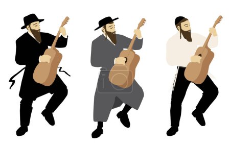 Illustration for Observant ultra - Orthodox Jewish musicians in a variety of clothing styles. Hassidic, Jerusalemite, classical. Play guitars, dance and sing. Colorful vector on a white background. Isolated figures - Royalty Free Image