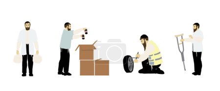 Illustration for A painting of ultra-Orthodox religious Jewish figures doing charity.A person instructs how to use borrowed medical equipment, prepares food boxes for those in need, fixes a flat tire, changes a wheel - Royalty Free Image