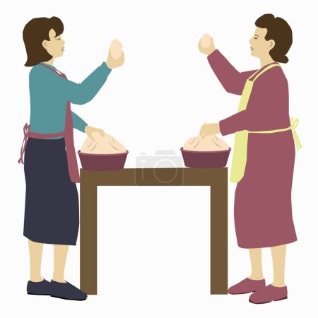 Illustration for Hafrashas challah - two observant Jewish women stand and pick up a piece of dough and bless.The figures are standing next to bowls of dough that are placed on a table. Colorful vector - Royalty Free Image
