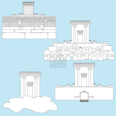 Illustration for The Temple in Jerusalem. A black and white outline illustration collection icons set. In the ancient city holy to the people of Israel. On the background of houses, the Kotel, on clouds. Flat vector. - Royalty Free Image