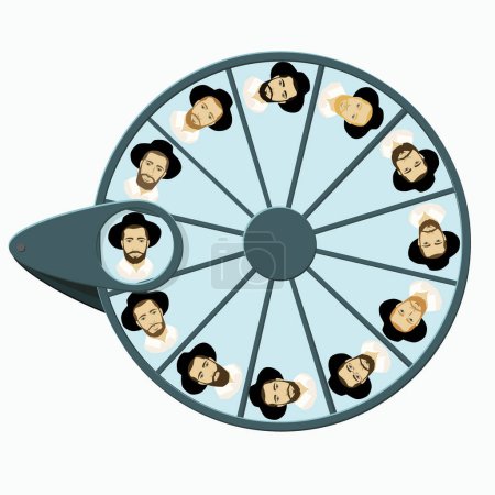 A drawing of the wheel of fortune with profile pictures of ultra-Orthodox Hasidic Jewish guys with a black cap and a white shirt.It symbolizes the choice of a match or a community rabbi or a teacher 