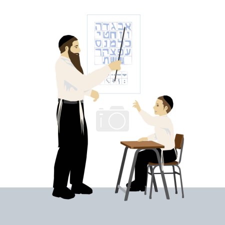 Un rabino judío observador enseña a un niño pequeño sentado en una silla las letras del alfabeto hebreo.En el fondo de la pared están las vocales y las consonantes póster.