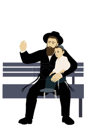 Illustration for An illustration of an observant Jewish father and son. religious. Sitting on a bench and talking. The adult explains things to the child.The characters are dressed in traditional clothes. Black hat - Royalty Free Image