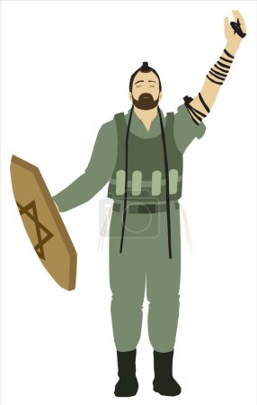 Illustration for A drawing of an Israeli Jewish soldier in the IDF. The isolated figure holds a shield with a Star of David engraving on it. And tefillin on his head and hand. He prays for the success of the 2023 war. - Royalty Free Image