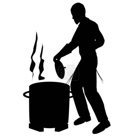 Silhouette noire. Un religieux juif orthodoxe plonge le couvercle d'une casserole dans de l'eau bouillante dans le cadre de la préparation des plats pour la Pâque. vecteur.