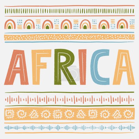 Africa concept with hand lettering text. Stylised African Pattern on light background. Ethnic and Tribal Motifs. Hand drawn. Horizontal stripes. For banner, poster, flyer. Vector illustration.