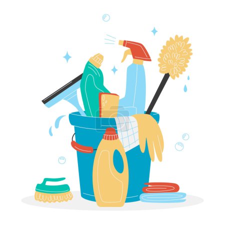 Illustration for Hand drawn Bucket with cleaning supplies, bottles, brush, spray, sponge, gloves. Housework concept. Various Cleaning items. Isolated Vector illustrations. - Royalty Free Image