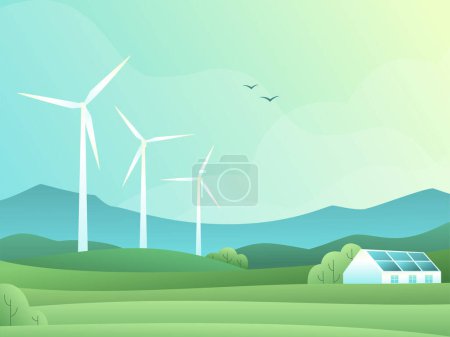 Ilustración de Rural spring landscape with fields, hills, wind turbine and barn or house with solar panels. Vector illustration of countryside. Green energy concept. Clean electric energy from renewable sources. - Imagen libre de derechos