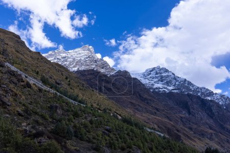 Photo for Himalaya, Panoramic view of Himalayan mountain covered with snow. Himalaya mountain landscape in winter in Kedarnath valley. - Royalty Free Image